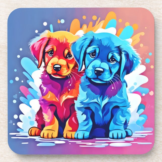Colorful Puppy Pair Art Beverage Coaster (Front)