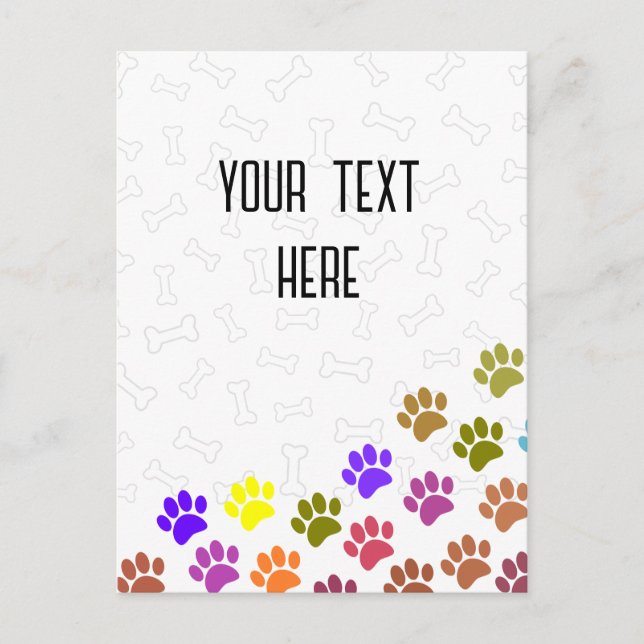 Colorful Puppy Paw Prints and Bones Custom Text Postcard (Front)