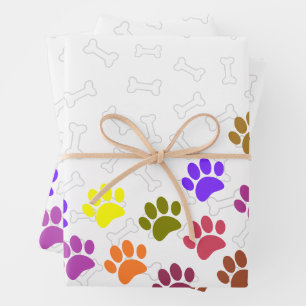 Colorful Puppy Paw Prints and Bones Custom Text Wrapping Paper Sheets