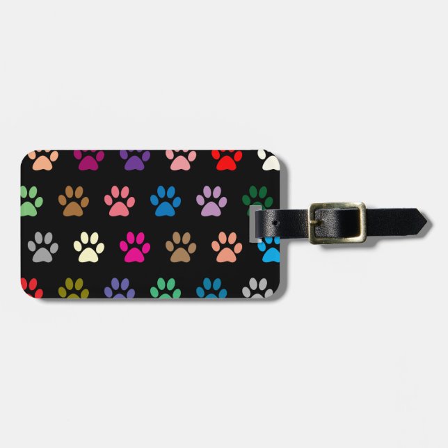 Colorful puppy paw prints on black luggage tag (Front Horizontal)