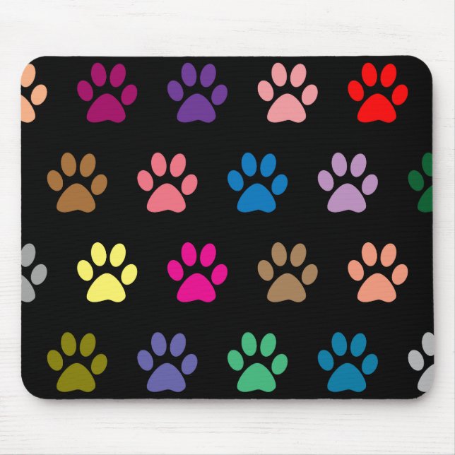 Colorful puppy paw prints on black mouse pad (Front)