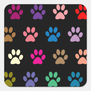 Colorful puppy paw prints on black square sticker