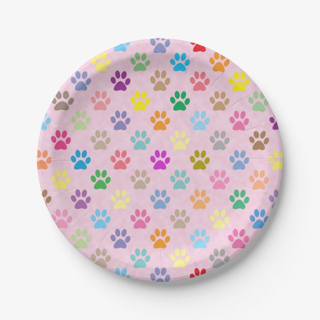 Colorful puppy paw prints paper plates (Front)