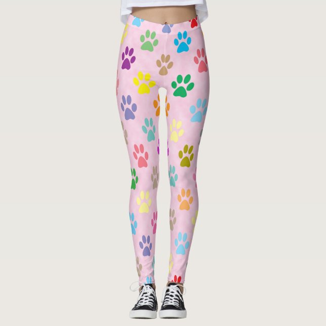 Colorful puppy paw prints pattern leggings (Front)