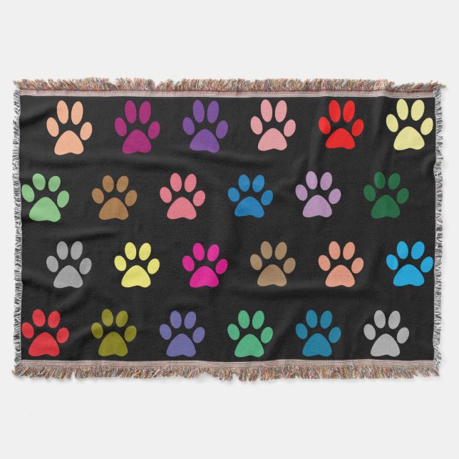 Colorful puppy paw prints pattern throw blanket (Front)