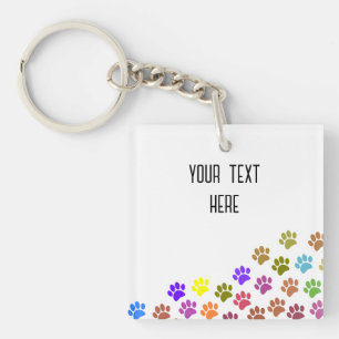 Colorful Puppy Paw Prints With Custom Text Keychain
