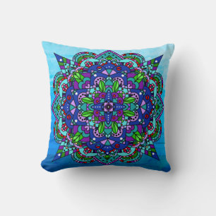 Colorful Purple, Blue, Green Mandala Throw Pillow