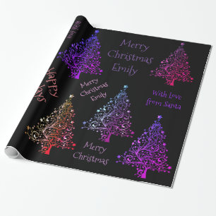 Colorful Purple Christmas Tree Pattern with Name Wrapping Paper
