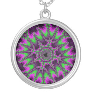 Colorful Purple, Green and Pink Fractal Silver Plated Necklace