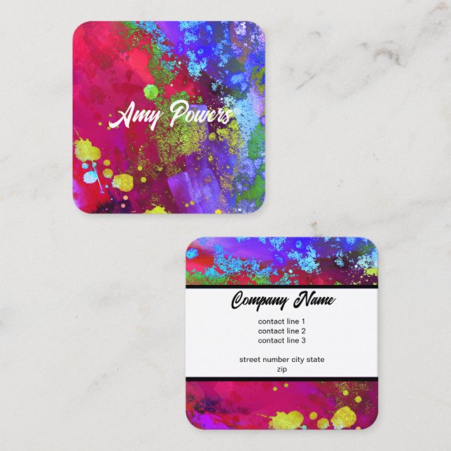 colorful purple magenta modern paint splatter square business card (Front/Back)