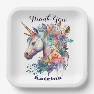 Colorful Purple Magical Floral Unicorn Watercolor Paper Plates
