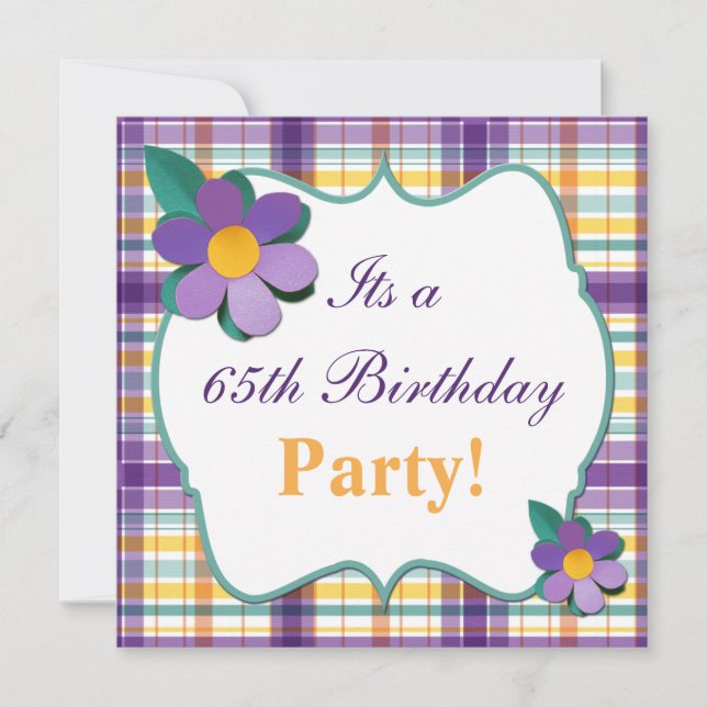 Colorful Purple Plaid 65th Birthday Invitation (Front)