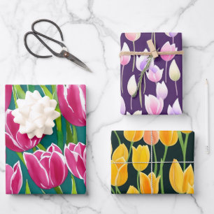 Colorful Purple Red Yellow Watercolor Tulip Wrapping Paper Sheets