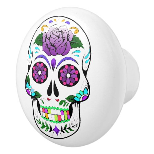 Colorful  Purple Sugar Skull Decorative Ceramic Knob