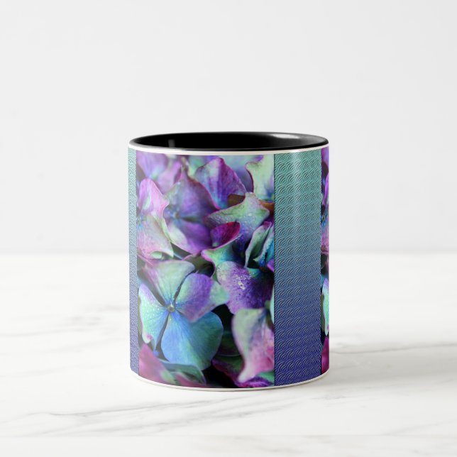 Colorful Purple & Teal Flowers Two-Tone Coffee Mug (Center)