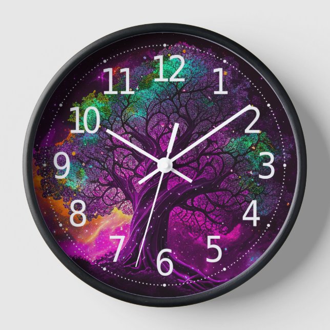 Colorful Purple Tree Stars Universe Artwork | Clock (Front)