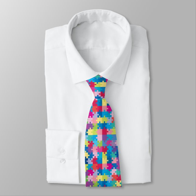 Colorful Puzzle Pattern Autism Awareness Tie (Tied)