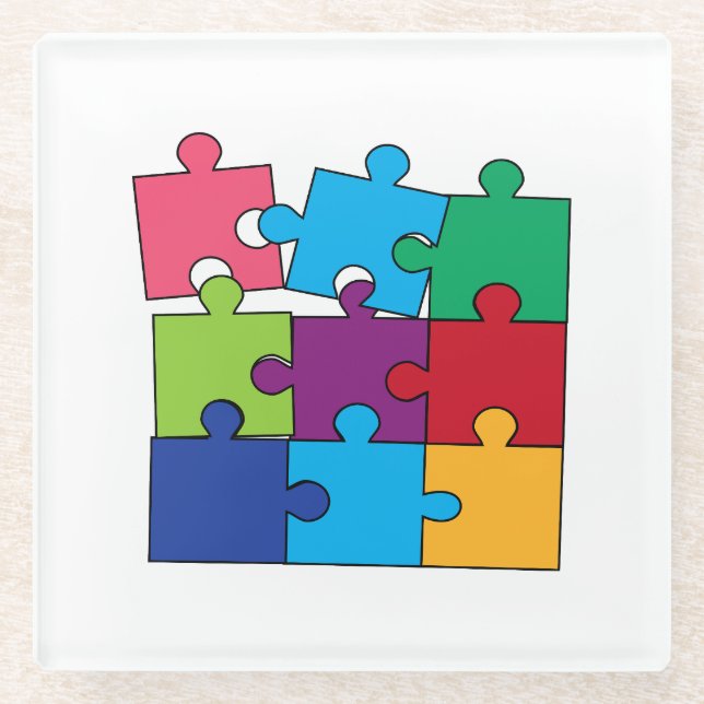 Colorful puzzle pieces glass coaster (Front)