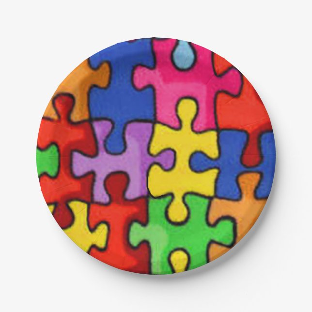 Colorful Puzzle Pieces Paper Plates (Front)