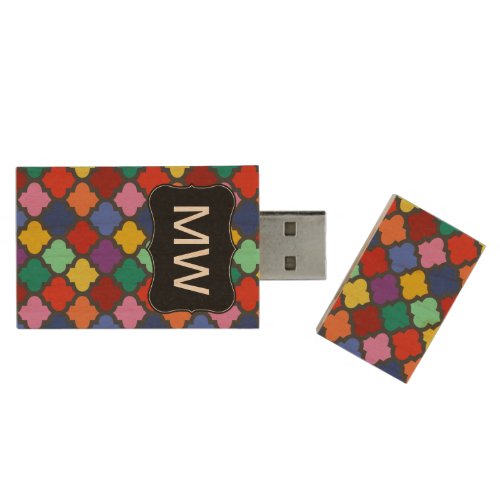 Colorful Quatrefoil Lattice Trellis Monogram Wood USB Flash Drive