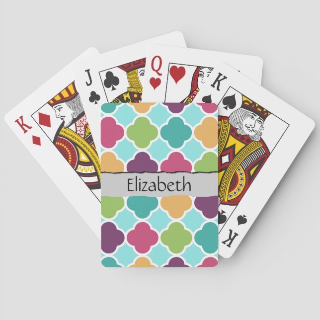 Colorful Quatrefoil, Latticework, Your Name Poker Cards (Back)