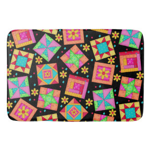 Colorful Quilt Art Patchwork Blocks Black Bath Mat