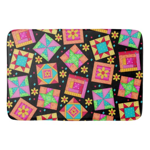 Colorful Quilt Art Patchwork Blocks Black Bath Mat