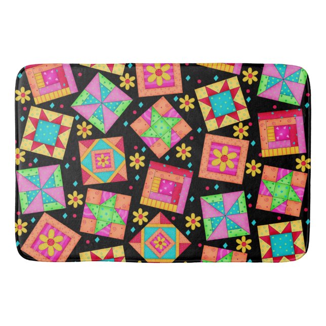 Colorful Quilt Art Patchwork Blocks Black Bath Mat (Front)