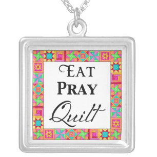 Colorful Quilt Blocks Border Art Eat Pray Quilt Silver Plated Necklace