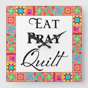 Colorful Quilt Blocks Border Art Eat Pray Quilt Square Wall Clock