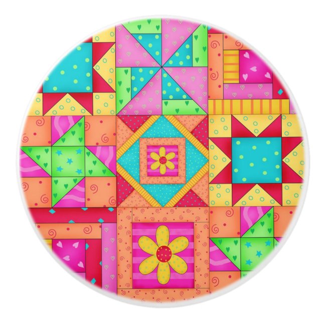Colorful Quilt Patchwork Block Art Ceramic Knob (Front)
