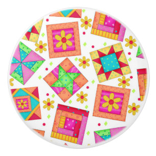 Colorful Quilt Patchwork Block Art on White Ceramic Knob