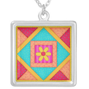 Colorful Quilt Patchwork Block Art Silver Plated Necklace