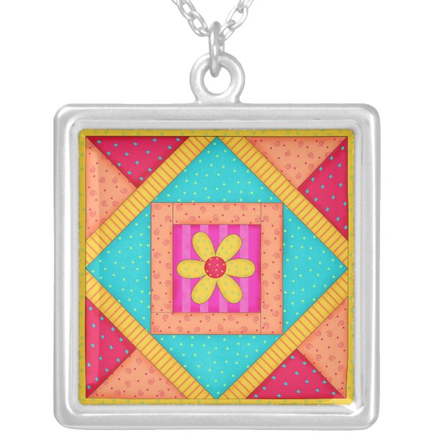 Colorful Quilt Patchwork Block Art Silver Plated Necklace (Front)