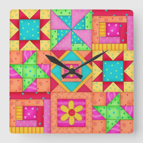 Colorful Quilt Patchwork Block Art Square Wall Clock