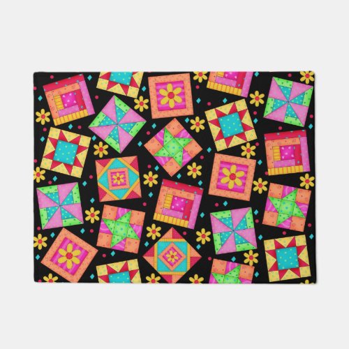 Colorful Quilt Patchwork Blocks Black Custom Doormat