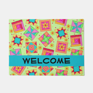 Colorful Quilt Patchwork Blocks Lime Green Custom Doormat