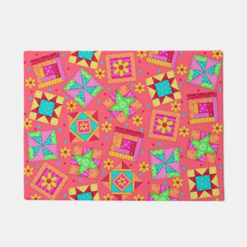 Colorful Quilt Patchwork Blocks Red Coral Custom Doormat