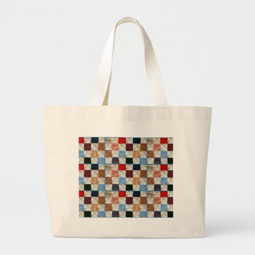 Colorful quilt squares pattern large tote bag
