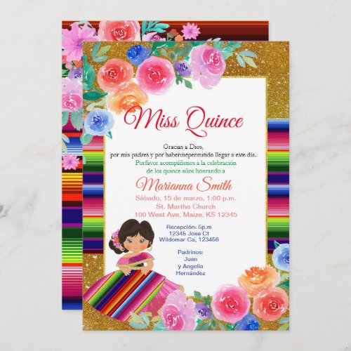 Colorful Quinceanera Floral Mexican Miss Quince  Invitation