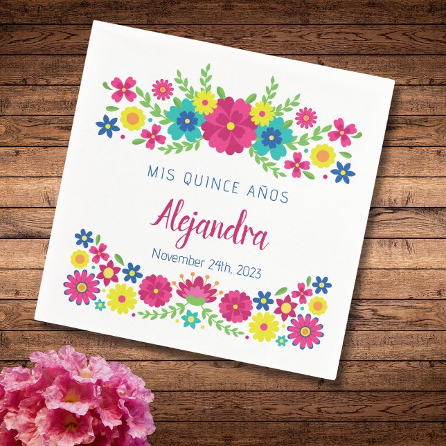 Colorful Quinceañera Mexican flowers Paper Napkin (Creator Uploaded)