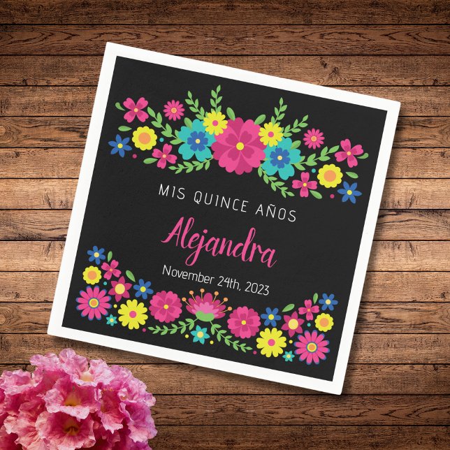 Colorful Quinceañera Mexican flowers Paper Napkin (Creator Uploaded)