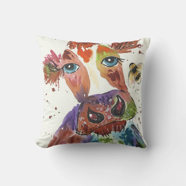 Colorful, Quirky Cow Throw Pillow (Front)