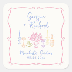 Colorful & Quirky Hand Drawn Wedding Square Sticker