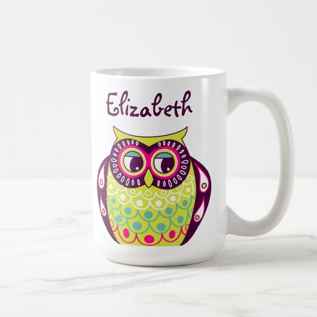 Colorful Quirky Tawny Owl Custom Name Mug (Right)