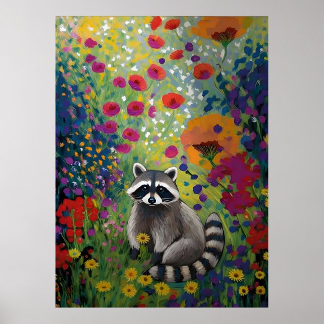 Colorful Raccoon in Wildflower Garden Art Animal  Poster (Front)