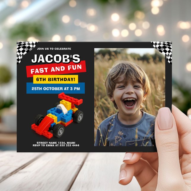 Colorful Race Car Birthday with photo Invitation (Creator Uploaded)