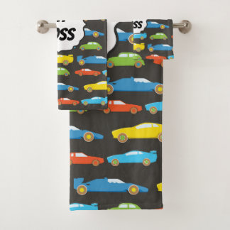 Colorful Race Cars on Black Personalized Bath Towel Set
