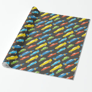 Colorful Race Cars on Black Wrapping Paper