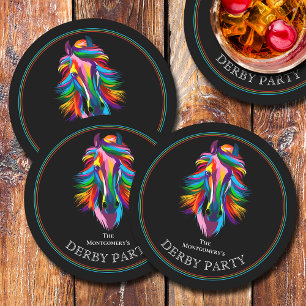 Colorful Racehorse Black Derby Round Paper Coaster